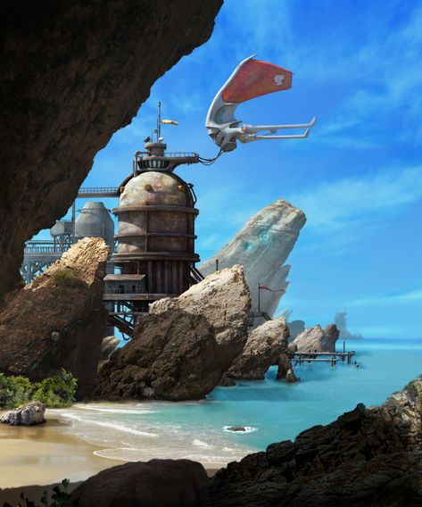 ArtStation - Beach, Devon Fay Dystopian Wasteland, Retro Space Art, Alien Planets, Traveller Rpg, Visions Of The Future, Futuristic World, Science Fiction Illustration, Blue Earth, Speed Painting