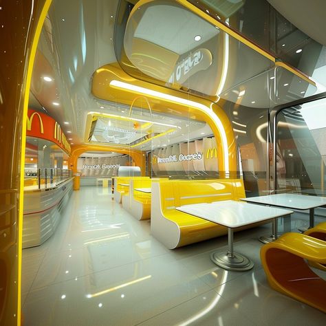 Futuristic Mcdonalds, Futuristic Architecture Interior, Shifting Places, Futuristic Restaurant, Futuristic Architecture Future City, Fastfood Restaurant, Ville Cyberpunk, Maquette Architecture, Sf Restaurants