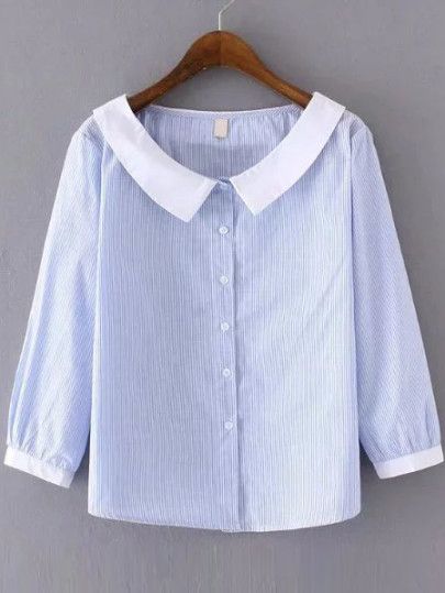 Blue Stripe Contrast Collar Blouse Closet Sketch, Áo Blu, Mens Shirt Refashion, Jeans Blouse, Shirt Refashion, Clothing Online Shop, Blouse Price, Women's Blouses, Cute Blouses