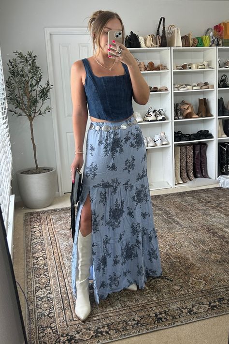 Ursula Denim Corset Tank Top curated on LTK Denim Corset With Skirt, Denim Top With Skirt, Denim Corset Top Outfit Ideas, Denim Shirt With Skirt Outfit, Corset Top Maxi Skirt, Corset Maxi Skirt Outfit, Denim Tank Outfit, Denim Fashion Aesthetic, Corset Western Outfit