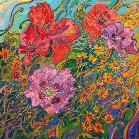 floral painting of poppies found in Monet's garden in Giverny Parker Core, Field Of Flowers Painting, Abstract Impressionist Paintings, Sustained Investigation, Poppies Painting, Yellow And Orange Flowers, Monet's Garden, Abstract Impressionism, Erin Hanson