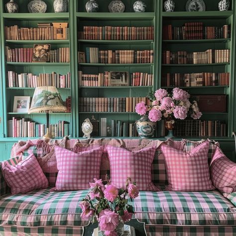 High Bookshelves, Feminine Living Room, Pink Couch, Couch For Living Room, Living Room Design Ideas, Room Design Ideas, Decoration Inspiration, Living Room Design, Classic Interior