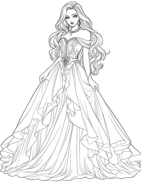 Cute ball gown coloring page Ballgown Coloring Pages, Princess Pictures To Color, Princess Coloring Pages For Adults, Wedding Dress Coloring Pages, Fashion Colouring Pages, Princess For Coloring, Girl Colouring Pages, Coloring Pages Of People, Queen Coloring Pages