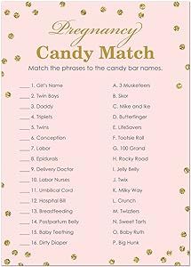 MyExpression.com Sweet Pregnancy Candy Match Baby Shower Game - 24 Count - (Faux Gold Glitter on Pink) Gender Reveal Party Games, Cow Baby Showers, Baby Ruth, Candy Match, Baby Shower Wording, Candy Games, Baby Art Projects, Baby Shower Candy, Sprinkle Baby Shower