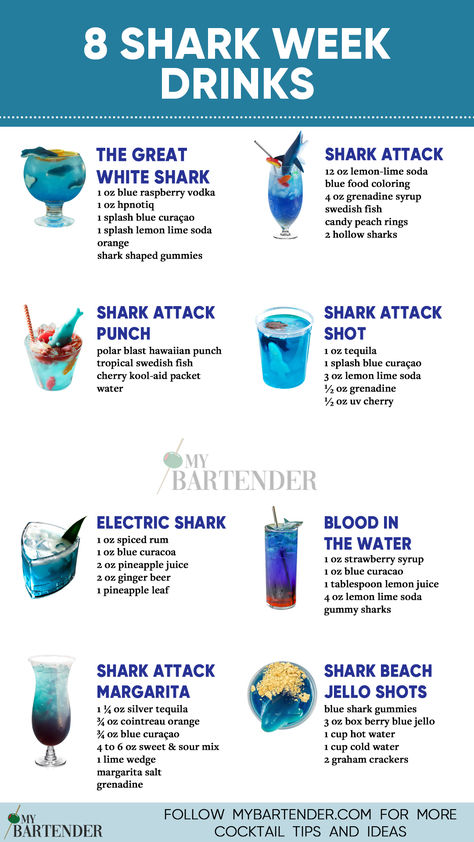 Shark Week Drinks Shark Week Mocktails, Shark Drinks Alcohol, Ocean Themed Alcoholic Drinks, Fun Drinks For Parties, Ocean Water Cocktail Recipe, Under The Sea Alcoholic Drinks, Ocean Drinks Alcohol, Shark Week Drinks Alcohol, Shark Themed Cocktails