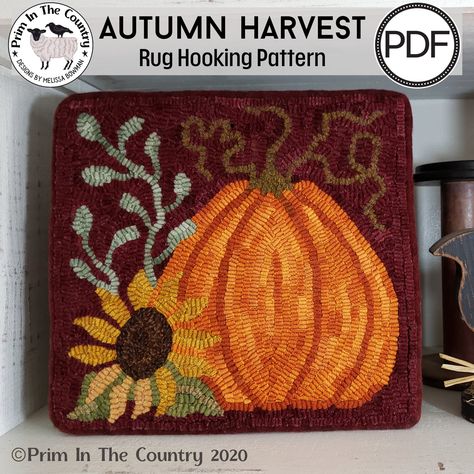 "Autumn Harvest Rug Hooking Pattern ~ PDF DIGITAL DOWNLOAD of this pattern. (You can find the MAILED paper version in a separate listing in my shop). This e-pattern comes with: complete instructions supply list color photo traceable drawing color suggestions The pattern is 11 1/2\" tall by 12 1/2\" wide. I don't mind if you shrink or enlarge the pattern to fit your project.  If you have any questions, feel free to message me anytime. Thanks for dropping by! You can find picture tutorials on my blog: MsPrimNCountry.blogspot.com" Rug Hooking Patterns Free, Modern Rug Hooking, Rug Hooking Designs, Country Rugs, Drawing Color, Rug Hooking Patterns, Punch Needle Patterns, Fall Patterns, Penny Rugs