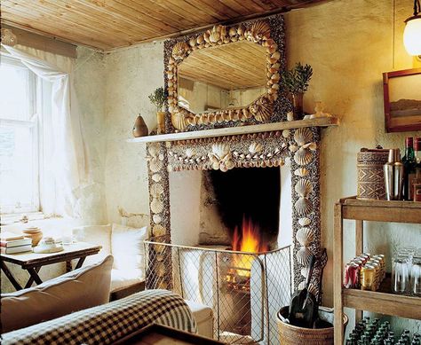 Countryside & Farmhouse Style :: This Is Glamorous Fireplace Mantel Surround, Mantel Surround, Shell Mirror, Small Cottages, Grand Homes, Beach House Design, Roof Repair, Fireplace Mantel, Country Estate