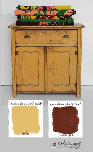 Colourways by Leslie Stocker painted this rustic chipped cabinet using Chalk Paint® by Annie Sloan in Arles, a rich, glowing yellow and Primer Red, a deep, red ochre. The colours work amazing together especially in this two-colour distress and Mexican patterned cloth. Annie Sloan Painted Furniture, Chalk Paint Colors, Annie Sloan Paints, Furniture Rehab, Distressed Furniture, Chalk Paint Furniture, Furniture Finishes, Annie Sloan Chalk Paint, Refurbished Furniture