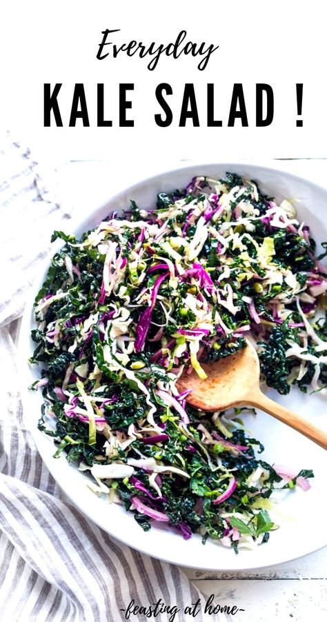 Everyday Kale Salad with simple Lemon Dressing can be made ahead, then used DAILY to top off tacos, wraps, buddha bowls, burgers, and even pizza during the week! Vegan and Gluten Free, this amazing kale slaw keeps for up to five days in the fridge. Meal Prep Savior! #kale #kalesalad #kaleslaw #mealprep #everydaysalad #kale #simplesalad | www.feastingathome.com Fridge Meal Prep, Kale Slaw, Kale Recipes, Vegan Salads, Lemon Vinaigrette, Yummy Salad Recipes, Buddha Bowls, Vegan And Gluten Free, Vegan Salad