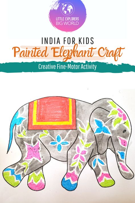 India for Kids!  In this activity, Little Explorers will have the opportunity to decorate their own elephants while developing fine motor skills. This is a perfect activity for individual children or entire classrooms! India Activities Preschool, India Crafts For Kids Culture, Art Around The World For Kids, Elephant Art For Kids, India Activities For Kids, India Crafts For Kids, English Pie, Arts Preschool, Around The World Crafts For Kids