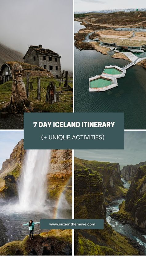 7 Day Iceland Itinerary Title. Photo of a viking village, lagoon on a lake, waterfall, and canyon. Iceland Activities, Iceland In October, Iceland October, 10 Days Iceland Itinerary, Iceland September, Iceland Itinerary September, 10 Day Iceland Itinerary, Iceland Itinerary October, Iceland 3 Day Itinerary