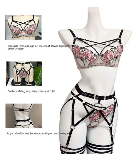 Indulge in the elegance and allure of the Elegant Pink Lace Embroidered Lingerie Set from StylinArts. This exquisite set features a beautifully embroidered bra, matching panties, and intricately designed garter belt and leg rings. Perfect for adding a touch of sophistication and sensuality to your intimate collection, this set is designed to make you feel both confident and captivating. Included Accessories: Bra: The bra showcases stunning pink floral embroidery on sheer lace fabric, accented wi Cute Matching Clothes, Pink Lace Lingerie, Embroidered Bra, Leg Ring, Lingerie Design, Game Outfit, Dress With Stockings, Elegant Embroidery, Seductive Clothes