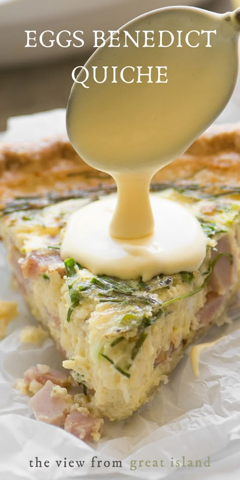 Spooning Hollandaise sauce on an eggs Benedict quiche Eggs Benedict Quiche, Luxury Breakfast, Ideas For Parties, The View From Great Island, Foods Ideas, Breakfast Quiche Recipes, Quiche Recipes Easy, Breakfast Quiche, Canadian Bacon