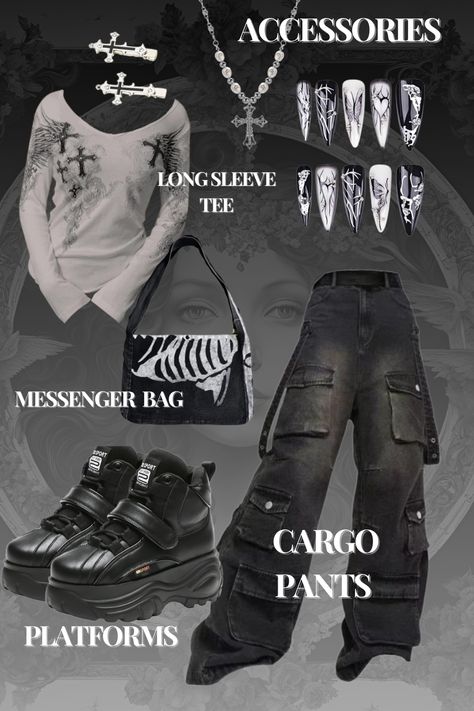 ‧₊˚🖇️✩ black and white, alternative style, grunge, y2k, cross, dark, goth, gothic, necklace, long sleeve tee, shirt, cargo pants, jeans, sneakers, platforms, bag, nails, hair pins, accessories  ₊˚🎧⊹♡ Long Cargo Pants Outfit, Goth Outfits Jeans, Demonia Boots Outfit, Cargo Jeans Outfit, Goth Inspiration, General Outfit, Cargo Pants Jeans, Outfit Ideas Grunge, Outfit Ideas School