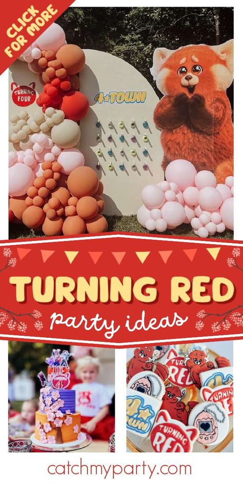 Check out this fantastic Turning Red-themed birthday party! The cookies are a blast! See more party ideas and share yours at CatchMyParty.com Red Panda Themed Birthday Party, Turning Red Centerpiece Ideas, Red Panda Party Decorations, Turning Red Birthday Party Food, Turning Red Theme Party, Turning Red Birthday Party Cake, Turning Red Cookies, Turning Red Birthday Party Ideas, Turning Red Birthday Party Decorations