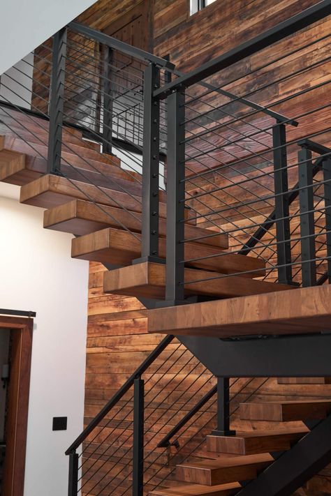 Hickory Floating Staircase - Viewrail Modern Industrial Staircase, Welded Stair Railing, Floating Stairs Remodel, Floating Staircase Modern, Wood Stairs With Metal Railing, Floating Stairs Modern, Steel Staircase Design, Wood And Steel Stairs, Steel Wood Stairs