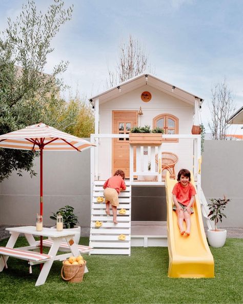 Cubby With Slide, Outdoor Cubby House, Cubby House With Slide, Outdoor Climbing Wall For Kids, Indoor Cubby House, Cubby House Ideas Outdoor, Diy Play House For Kids, Kids Playhouse Outdoors Girls, Outside Kids Play Area