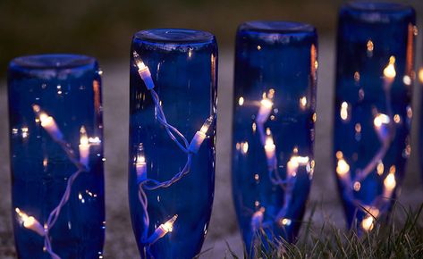 Glass Bottle Garden Ideas, Blue Wine Bottle Crafts, Wine Bottle Outdoor, How To Make Wine, Wine Bottle Garden, Reuse Wine Bottles, Lighting Your Garden, Bottle Trees, Bottle Tree