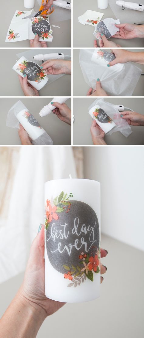 How To Personalize Candles, Personalised Candles Diy, Decorate Pillar Candles, How To Make Pillar Candles, Napkins On Candles, Memorial Candles Diy, Diy Pillar Candles, Decorating Pillar Candles, Candles For Wedding Tables