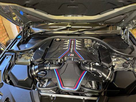 BMW M5 standard engine covers are a really poor effort, this engine deserves better so I fitted the full BMW carbon kit. Bmw M5 F10, Bmw Engine, German Engineering, Bmw Engines, Bmw X5 E70, Bmw X7, Bmw Love, Bmw M4, Bmw M5