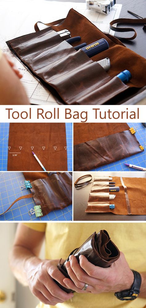 Leather Tool Roll Bag DIY Tutorial Leather Chisel Roll, Beginner Leather Projects Ideas, Diy Leather Tool Roll, Easy Leather Projects, Diy Leather Gifts, Leather Roll Bag, Tool Roll Bag, Diy Leather Tools, Leather Pencil Roll