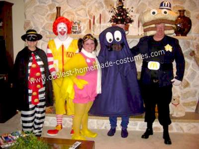 Homemade McDonald's Group Costume: This Homemade McDonald's Group Costume idea took hours to put together, but was worth every second! We won numerous costume contests and had SOOO much Mcdonald’s Family Costume, Hamburgler Mcdonald's Costume, Mcdonald’s Characters, Mcdonald's Characters Costumes, Mcdonalds Costume Halloween, Diy Grimace Costume, Grimace Costume Diy, Mcdonald’s Halloween Costumes, Mcdonald’s Costume