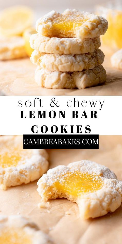 lemon bar cookies on parchment paper. Lemon Raspberry Cream Cheese Bars, Lemon Stuffed Cookies, Lemon Pie Cookies, Chewy Lemon Bars, Lemon Cream Cheese Cookies, Cream Cheese Cookie Dough, Tart Lemon Curd, Lemon Curd Cookies, Cream Cheese Cookie