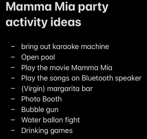 Mama Mia Games, Mama Mia Party Activities, Mamma Mia Birthday Party Aesthetic, Mamma Mia Activities, Mamma Mia Party Activities, Mama Mia 16th Birthday Party, Mama Mia Party Games, Mamma Mia Party Games, Mama Mia Themed Birthday Party Decorations