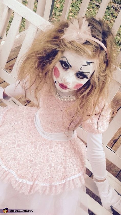 Porcelain Doll, Porcelain Doll Costume                                                                                                                                                                                 More Doll Costume Makeup, Scary Doll Costume, Creepy Doll Halloween Costume, Creepy Doll Costume, Creepy Doll Makeup, Cracked Porcelain, Doll Makeup Halloween, Porcelain Doll Costume, Makeup Ideas For Halloween