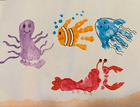 Sea Creatures Handprints, Footprint Sea Creatures, Handprint Ocean Crafts, Sea Animals Handprint Art, Handprint Fish Crafts For Toddlers, Ocean Life Art For Toddlers, Starfish Handprint Craft, Feet And Hand Print Art Kids, Sea Animal Handprint Craft