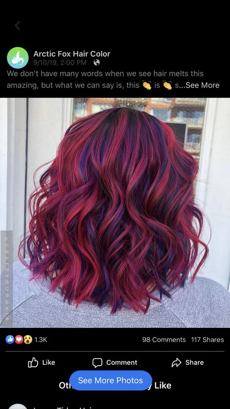 Red Hair With Vivid Highlights, Red And Blue Highlights Hair Color Ideas, Red On Red Highlights, Red Hair With Fun Colors, Purple Hair Red Highlights, Blue Hair With Red Highlights, Red To Blue Ombre Hair, Dark Red And Blue Hair, Red Hair With Teal Highlights