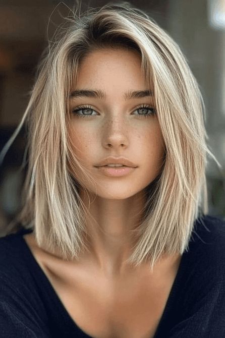 short straight hairstyles, chic hair looks, professional hair styling Shoulder Hair Straight, Low Maintenance Haircut Fine Hair, Medium Bob Straight Hair, Haircuts For Straight Blonde Hair, Textured Bob Straight Hair, Low Density Hairstyles, Face Frame Bob, Fine Medium Length Hairstyles, Mid Length Fine Hair Styles For Women