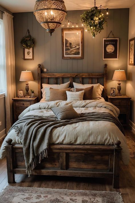 Home Decor Ideas Bedroom Farmhouse, Cottagecore Aesthetic House Interior Bedroom, Village Bedroom Design, Bedroom Decor With Grey Walls, Cabin Vibes Bedroom, Vintage House Bedroom, Relaxing Guest Bedroom Ideas, Adirondack Bedroom, Small Rustic Bedroom Ideas