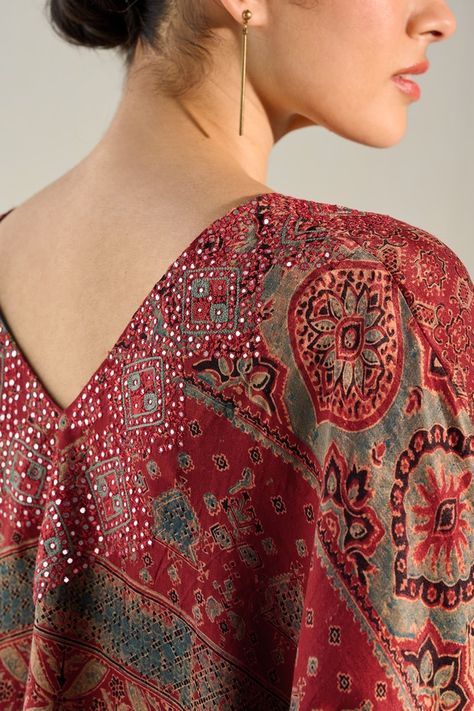 Airah Silk Kaftan Winter Prints, Asymmetrical Coat, Mirror Embroidery, Ajrakh Prints, Good Earth, Silk Kaftan, Winter Print, Printed Silk, Indian Design