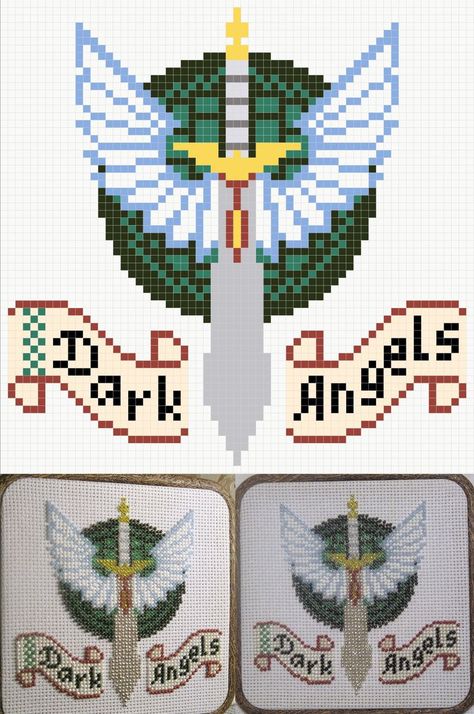 A cross stitch pattern of the Dark Angels emblem from Warhammer 40 thousand. With 2 photos of bead embroidery. Warhammer 40k Cross Stitch, Warhammer Cross Stitch, Warhammer 40k Dark Angels, 40k Dark Angels, Dark Angels 40k, Cross Stitching Patterns, Stitching Patterns, Dark Angels, Pixel Art Pattern