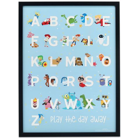 PRICES MAY VARY. Disney Pixar official product: Let your favorite Pixar characters teach you a little something with this full-color wall decor. Featuring characters from Toy Story, Cars, The Incredibles, and many other beloved Pixar movies, this decor is sure to bring a smile to your face each and every day. Framed Wood Wall Decor: Featuring every letter of the alphabet above text that reads, "Play the day away," this sign is as educational as it is spunky. Material: This cheerful wall decor is Pixar Nursery, Disney Playroom, Toy Story Bedroom, Toy Story Nursery, Disney Themed Nursery, Disney Themed Rooms, Toy Story Room, Disney Themed Classroom, Alphabet Frames