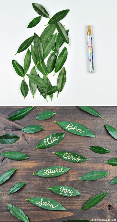 Love these leaf name tags, so creative! #tablesetting #nametags #authentic @artisanslist ❤️ ❤️ ❤️   DIY Leaf Name Tags | Thanksgiving Table Setting | Vicky Barone Leaf Name Tags, Thanksgiving Name Cards, Leaves Name, Diy Leaf, Deco Champetre, Boda Diy, Diy Leaves, Diy Event, Thanksgiving Table Settings