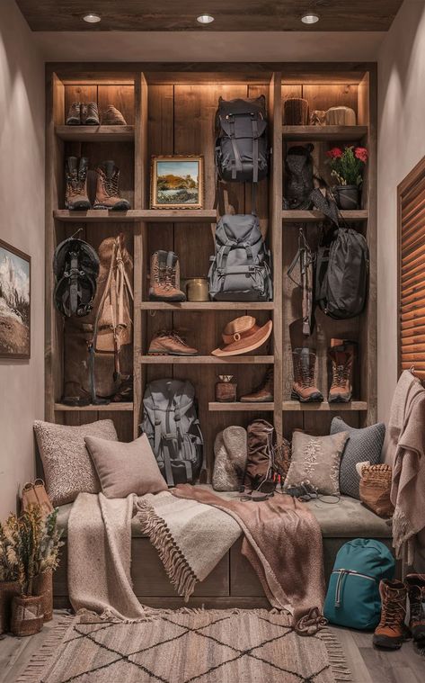 Add a feminine flair to your gear room with chic gear wall ideas! These stylish designs are perfect for organizing your hiking gear and outdoor gear storage while keeping your space elegant and inviting. 🌸 #ChicGearRoom #HikingGear #OutdoorGearStorage Hiking Closet Organization, Outdoor Gear Storage Apartment, Hiking Room Ideas, Fishing Storage Room, Hiking Gear Organization, Hunting Gear Storage Ideas, Outdoor Gear Storage Ideas, Gear Storage Room, Hunting Gear Closet