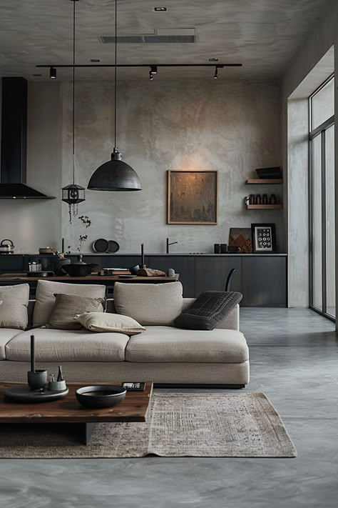 29 Industrial Living Room Ideas for Powerful Interiors - My Elegant Home Industrial House Interior, Modern Industrial Interior Design, Industrial Interior Design Bedroom, Concrete Living Room, Concrete Floors Living Room, Living Room Makeovers, Industrial Decor Living Room, Loft Style Living, Industrial Living Room