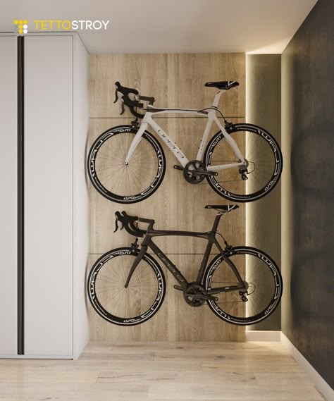 Bicycle Room Design, Hanging Bicycle On Wall, Bike Display Ideas, Bike Room Design, Bike Storage Small Space, Bicycle Rack Design, Bicycle Wall Decor, Bike Storage Design, Bike Storage Apartment