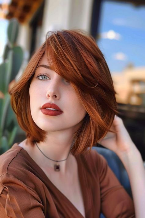 Elevate your hair game with these fresh bob inspirations! Perfect for any face shape or hair type, these bouncy bob styles are sure to keep you looking on-trend. Tap the link for more style inspiration! Medium Bob Wavy Hair, Light Copper Bob Hair, Redhead Bob Haircut, Redhead Long Bob, Copper Hair Bob Haircut, Red Hair Short Bob, Short Brown Bob, Bluntcut Bob Copper, Cinnamon Hair