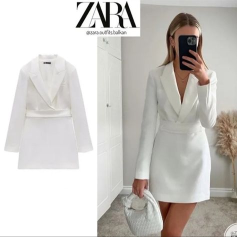 Zara Blogger White Blazer Dress Blazer Dress White, Zara Blazer Dress, White Blazer Dress, Printed Green Dress, Yellow Knit Dress, White Dress Winter, Strapless Denim Dress, White Dress Formal, Blazer Mini Dress