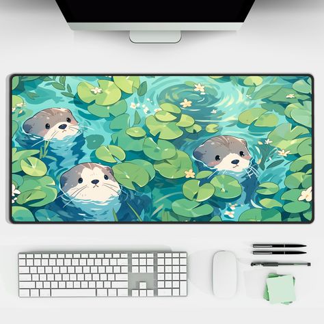 Desk Mat Aesthetic, Cute River Otter, Mouse Pad Design Ideas, Chibi Aesthetic, Adorable Otters, Otter Design, Pc Builds, Study Vibes, Gaming Space