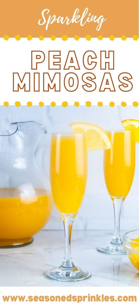 Peach Mimosas, Peach Mimosa, Peach Cocktail Recipe, Cranberry Champagne Cocktail, Healthy Cocktail Recipes, Cocktail Inspiration, Frozen Drink Recipes, Peach Wine, Peach Nectar