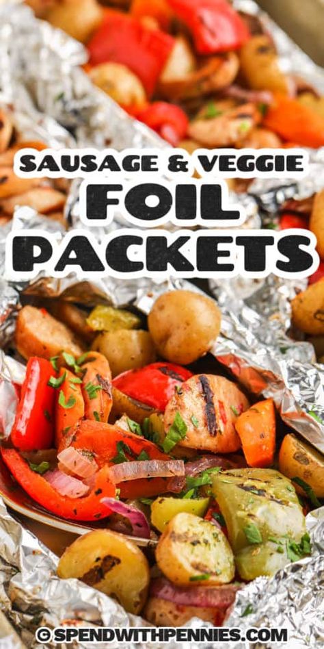 Why not make some easy foil packet meals for a quick and fun dinner? Seasoned sausage and veggies are cooked to juicy and tender perfection. Healthy and super easy to make, foil packet recipes are a dinner that everyone loves, and they are perfect on the campfire too! #foilpacketmeals #foilpacketrecipes #sausageandveggie #spendwithpennies Veggie Foil Packets, Tin Foil Dinners, Sausage And Veggies, Healthy Camping Food, Foil Pack Dinners, Camping Meal, Foil Packet Dinners, Foil Pack Meals, Foil Dinners