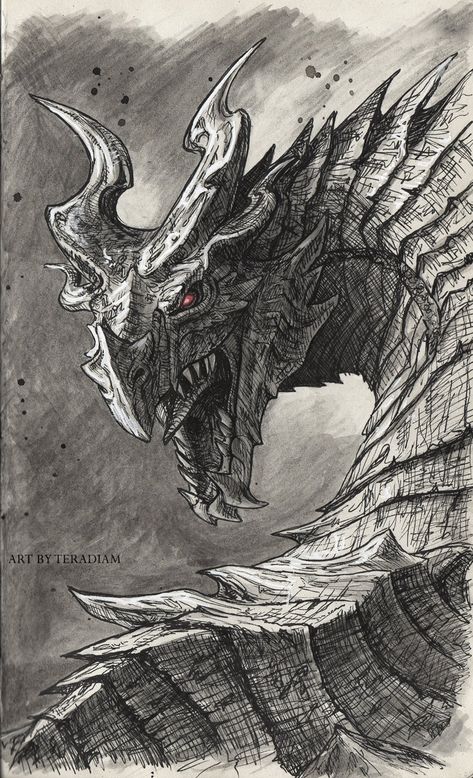 Dragon Sketches Realistic, Fantasy Drawings Dragon, Fantasy Creature Sketch, Alduin Skyrim Drawing, Mythical Art Sketches, Drawing Scales Dragon, Dark Fantasy Line Art, Cool Drawing Background Ideas, Dragon Drawing Scary