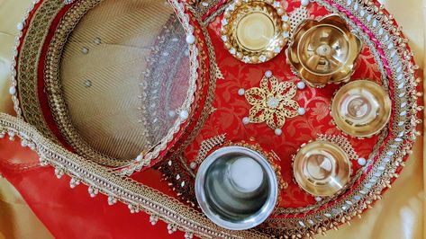 Hand crafted karva chauth thali set with cover in magenta and gold Karva Chauth Thali, Karva Chauth, Wrapping Ideas, Hand Crafted, Gift Wrapping, Gold, Gifts