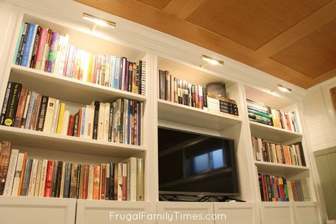 How to Add Bookcase Lighting to Any Bookshelf (without an Electrician!) | Frugal Family Times Luxury Bookcase, Library Lighting, Bookshelf Lighting, Basement Guest Rooms, Bookcase Lighting, Library Bookshelves, Faux Brick Walls, Ikea Bookshelves, Library Bookcase