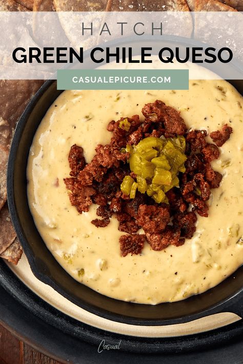 This recipe for easy Hatch Queso is made with freshly roasted hatch green chiles, cheddar and Monterey Jack cheese. It's rich, creamy and makes the perfect snack, appetizer or party food. Hatch Chile Queso, Hatch Queso Dip, Hatch Queso, Chile Cheese Dip, Homemade Cheese Dip, Easy Homemade Cheese, Spicy Queso, Hatch Chiles, Chili Cheese Dips