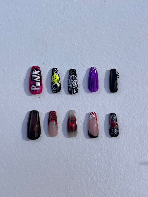 Spiderverse Nails Designs, Spiderman Across The Spider Verse Nails, Spiderman Nails Miles Morales, Spiderpunk Nails, Spider Punk Nails, Spiderman Themed Nails, Spider Verse Nails, Miles Morales Nails, Spiderman Nails Designs